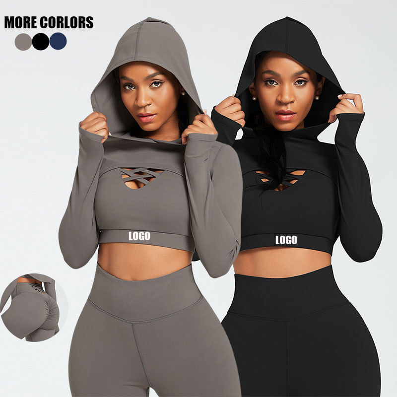 3 Pieces Yoga Fitness Set Gym Workout Cropped Hoodie Active Wear Sport Tracksuit